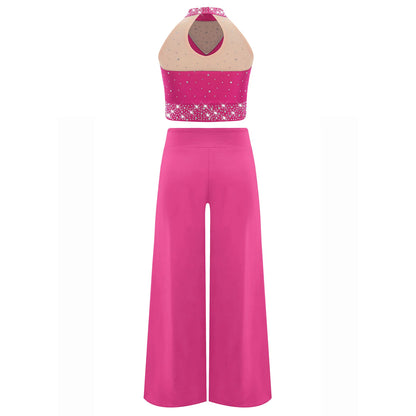 Girls Lyrical Dance Costume Set with Mock Neck Sparkle Top and Wide Leg Pants, Chiffon Overlay and Sleeveless Styles for Recitals and Stage Performances