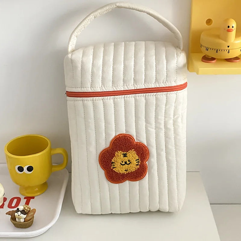 Quilted Diaper Bag with Bear Applique, Beige Cotton Zippered Baby Essentials Organizer with Carry Handle for Moms and Everyday Outings