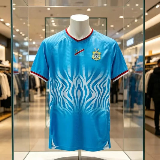 DR Congo Soccer Fan Shirt in Blue with White Graphic Pattern and Contrast Trim, Short Sleeve Football Jersey Style Top for Kids and Adults