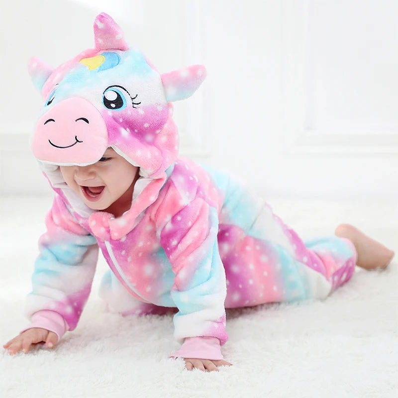 Baby Animal Hooded Costume Jumpsuit with Flannel Styling, Duck, Rabbit, Leopard and More Dress-Up Options for Boys and Girls, Sizes 70-120