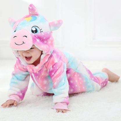 Baby Animal Hooded Costume Jumpsuit with Flannel Styling, Duck, Rabbit, Leopard and More Dress-Up Options for Boys and Girls, Sizes 70-120