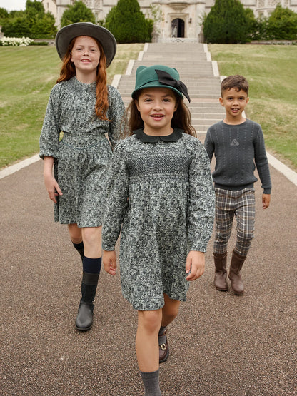 Forest Print Sibling Matching Outfits with Girls Cotton Smocked Dress Options, Boys Embroidered Knit Sweaters and Plaid Pants for Family Photos