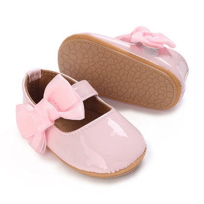 Baby Girl Mary Jane Shoes with Bow Detail and Glossy Finish, Round-Toe Infant Dress Flats for Spring Outfits, Parties and Photos, 0-18 Months
