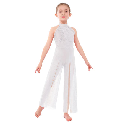 Girls Sequin Dance Jumpsuit with Split Wide-Leg Mesh, Sleeveless Mock Neck and Crisscross Back for Lyrical Recitals and Stage Performances
