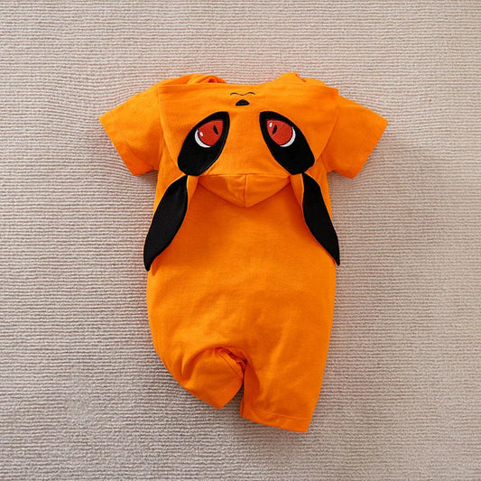 Fox Hooded Baby Romper, Orange Cotton Short Sleeve One-Piece with Animal Ears and Front Snaps for Boys and Girls Costume Photos