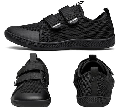 Kids Barefoot-Style Mesh Sneakers with Wide Toe and Double-Strap Fastening, Breathable Knitted Casual Walking Shoes in Gray, Black or Blue for Boys and Girls