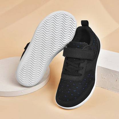 Kids Breathable Mesh Walking Shoes with Wide Toe Design, Hook-and-Loop Strap and Textured EVA Soles in Blue, Black, Pink or Grey