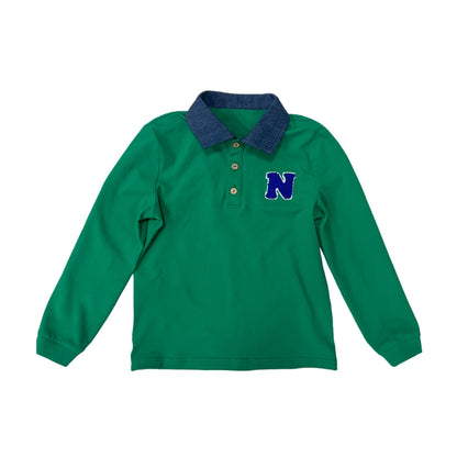Green Polo Kids Outfits with Navy Letter Patch, Coordinating Girls Dresses, Boys Shirts and Shorts and Baby Girl Set Styles for Family Photos