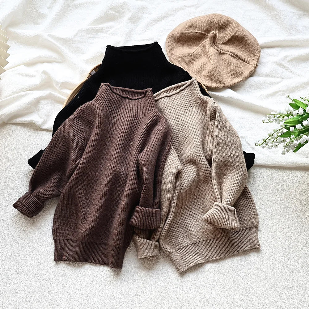Kids Ribbed Turtleneck Sweater for Boys and Girls, Long Sleeve Knit Pullover in Beige, Brown or Black for Spring and Fall Layering, Sizes 12M-6T