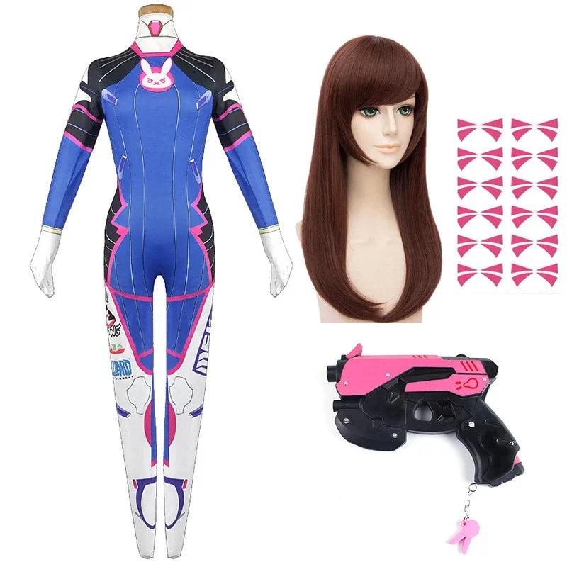 D.va Cosplay Costume and Accessory Options for Women, Blue Character Jumpsuit, Wig, Headset and Prop Selections for Halloween and Conventions