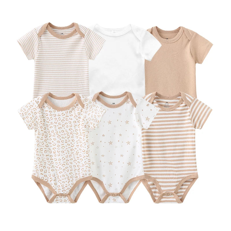 Baby Cotton Bodysuit Set, 6-Piece Short Sleeve Outfits with Envelope Shoulders and Snap Crotch for Boys and Girls, Sizes 3M-12M