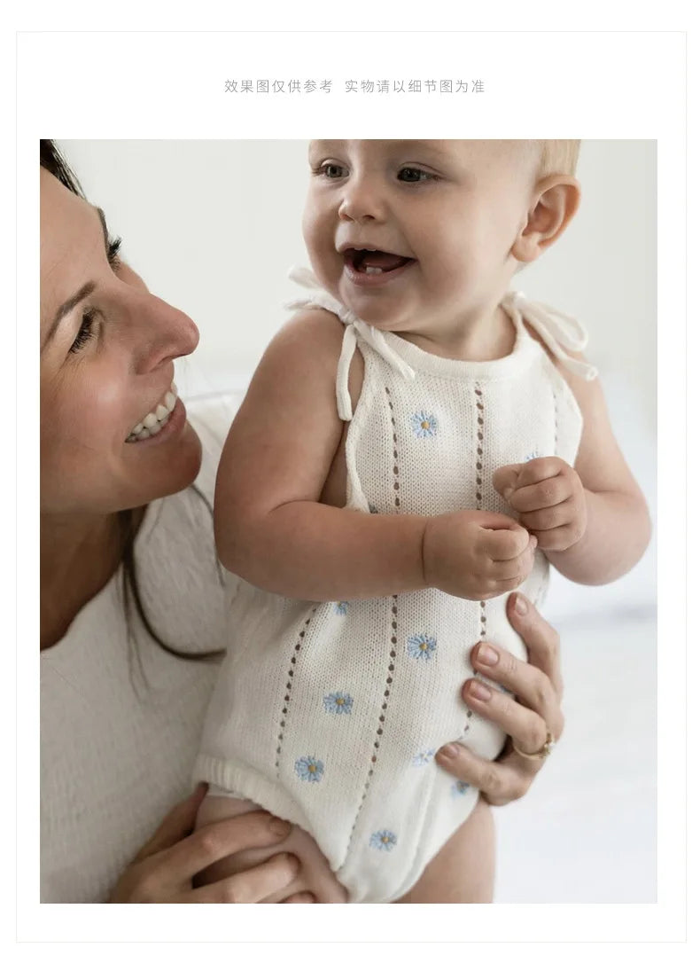 Sleeveless Baby Girl Bodysuit with Floral Cotton Knit and Tie Shoulders, White Openwork Summer One-Piece Outfit for Family Photos, 0-24M