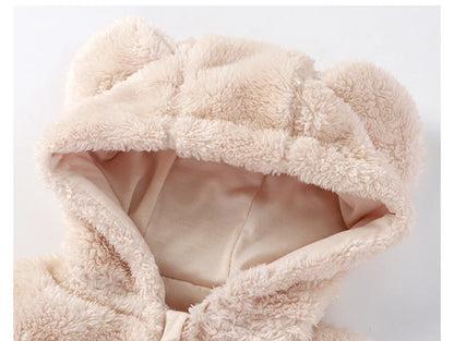 Bear Ear Baby Romper with Plush Texture and Heart Pockets, Hooded Zip Front One-Piece Outfit for Boys and Girls in Four Colors, 0-12 Months
