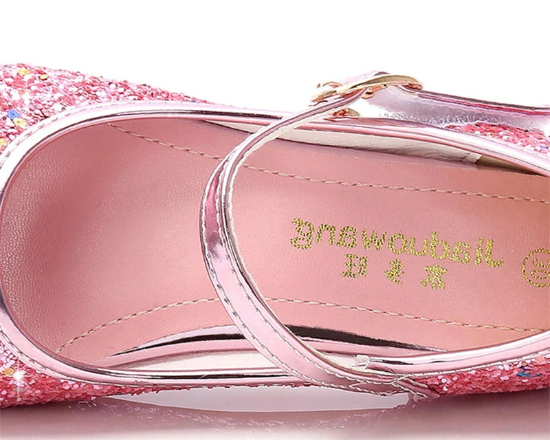 Girls Butterfly Glitter Dress Shoes with Sparkling Wing Accents, Buckled Strap and Block Heel for Princess Parties, Weddings and Special Outfits