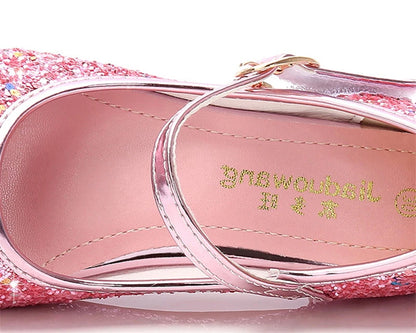 Girls Butterfly Glitter Dress Shoes with Sparkling Wing Accents, Buckled Strap and Block Heel for Princess Parties, Weddings and Special Outfits