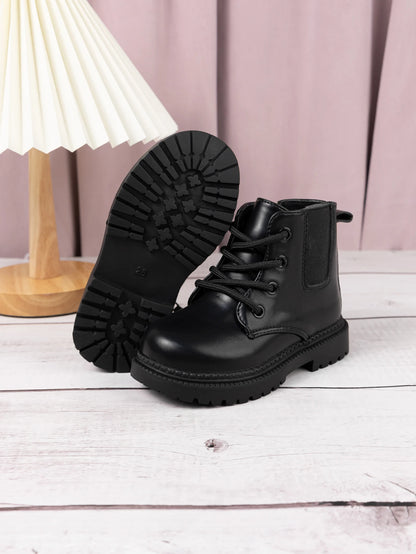 Kids PU Leather Combat Ankle Boots with Lace-Up Front, Side Zipper and Black Chunky Soles, Boys and Girls Fall Winter Shoes in Sizes 21-30