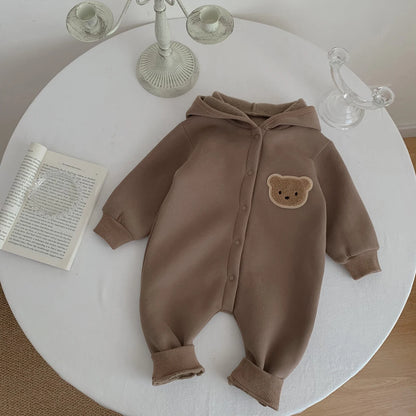 Baby Hooded Snap Front Jumpsuit with Bear Patch, Long Sleeve One-Piece Outfit in Coffee or Beige for Boys and Girls, Sizes 3M-18M