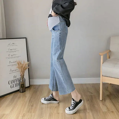 Maternity Denim Jeans with Over-Belly Panel, Blue Pregnancy Pants with Frayed Hem Styling, M-2XL Options for Everyday Casual Outfits
