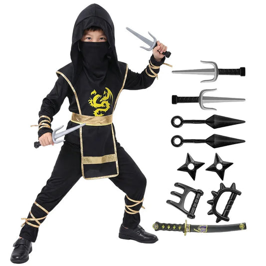Samurai Ninja Costume for Kids with Hooded Warrior Styling and Toy Accessory Options for Halloween Parties, Cosplay and School Performances