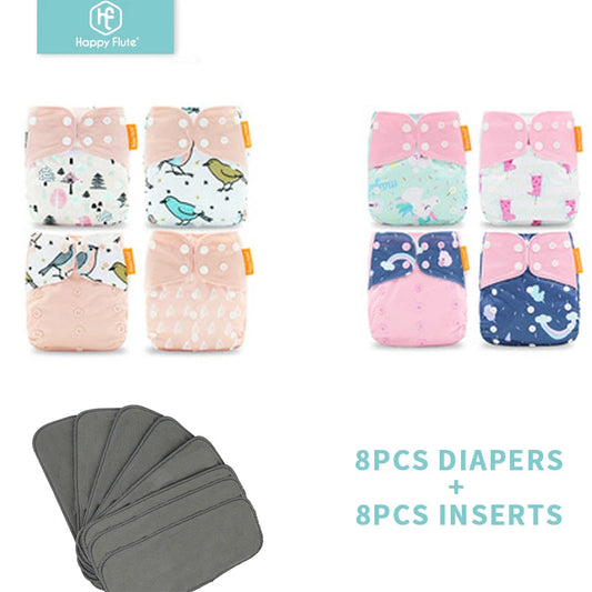 Adjustable Baby Cloth Diapers by HappyFlute, 8 Reusable Nappies with 8 Bamboo Charcoal Inserts, Printed PUL/TPU Outer and Suede Lining