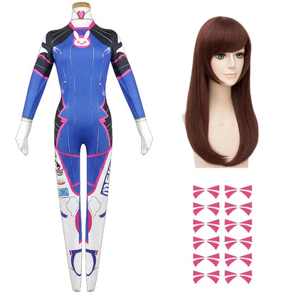 D.va Cosplay Costume and Accessory Options for Women, Blue Character Jumpsuit, Wig, Headset and Prop Selections for Halloween and Conventions