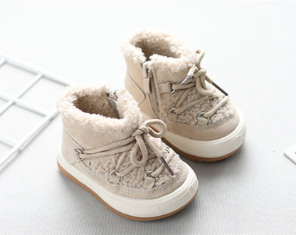 Toddler Plush Panel Lace-Up Boots with Rubber Soles and Cozy Cuffs, Beige, Black or Pink Winter Ankle Shoes for Boys and Girls, 12-15.5 cm Insoles