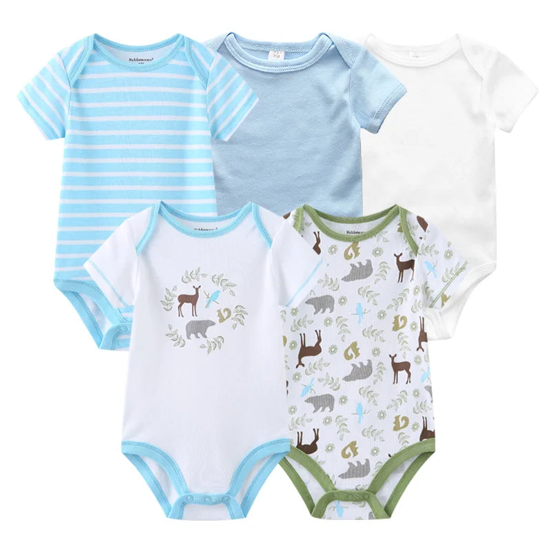 Infant Cotton Bodysuits 5-Pack with Short Sleeves and Envelope Shoulders, Solid Colors and Playful Prints for Baby Boys and Girls, Sizes 3M-12M