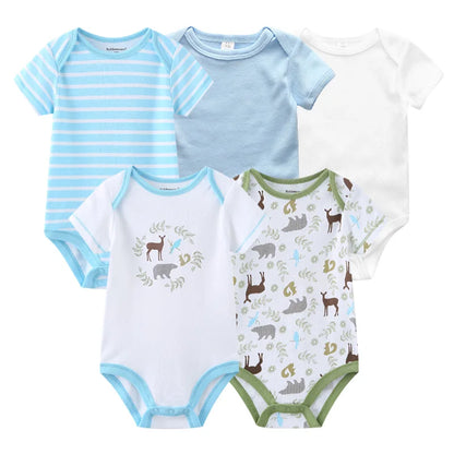 Infant Cotton Bodysuits 5-Pack with Short Sleeves and Envelope Shoulders, Solid Colors and Playful Prints for Baby Boys and Girls, Sizes 3M-12M