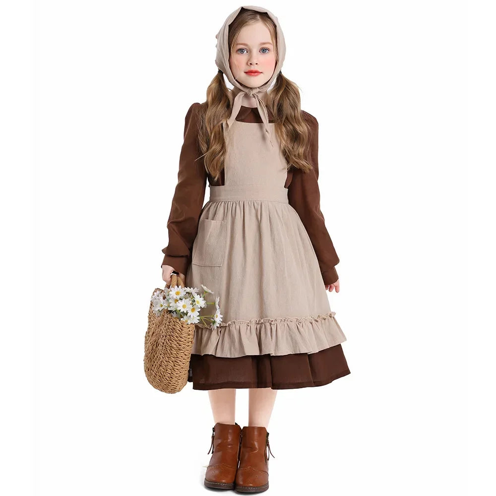 Girls Pioneer Prairie Costume Dress with Apron and Bonnet Options for Colonial School Plays, Historical Dress-Up and Halloween Events