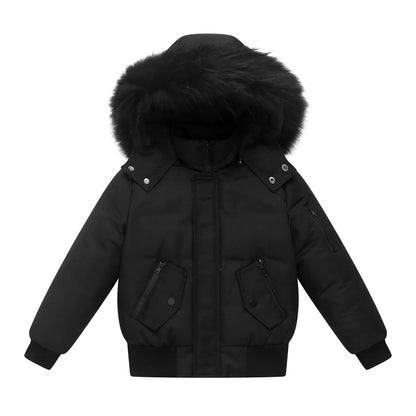 Kids Down Winter Coats with Fur-Trimmed Hoods, Black or Navy Short Bomber and Long Parka Styles for Boys and Girls, Child and Teen Size Options