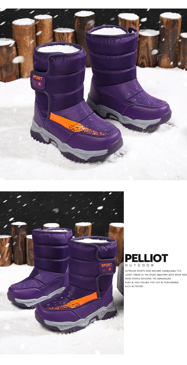 Kids Plush-Lined Winter Boots with Padded Shafts and Front Flap Closures, Pink or Purple Snow-Style Footwear for Boys and Girls