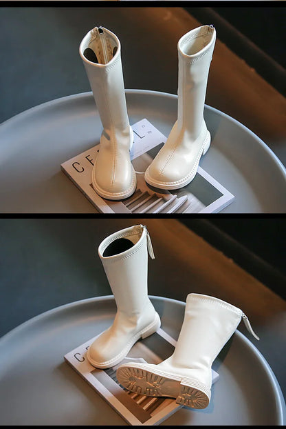 Back-Zip Girls Tall Boots in PU with Round Toes and Minimalist Styling, Khaki, Beige or Black Fashion Shoes for Spring and Autumn, Sizes 26-36