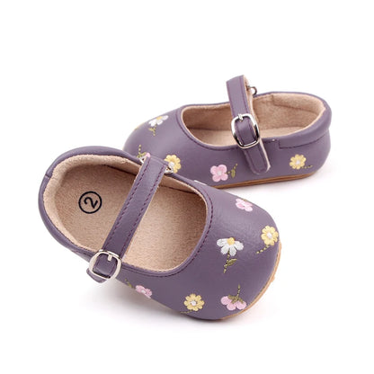 Baby Floral Mary Jane Shoes with Embroidered Flowers, Soft TPR Soles and PU Uppers in Beige Brown or Lavender for Dressy Outfits, Sizes 0-18 Months