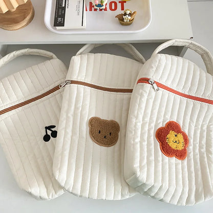 Quilted Diaper Bag with Bear Applique, Beige Cotton Zippered Baby Essentials Organizer with Carry Handle for Moms and Everyday Outings