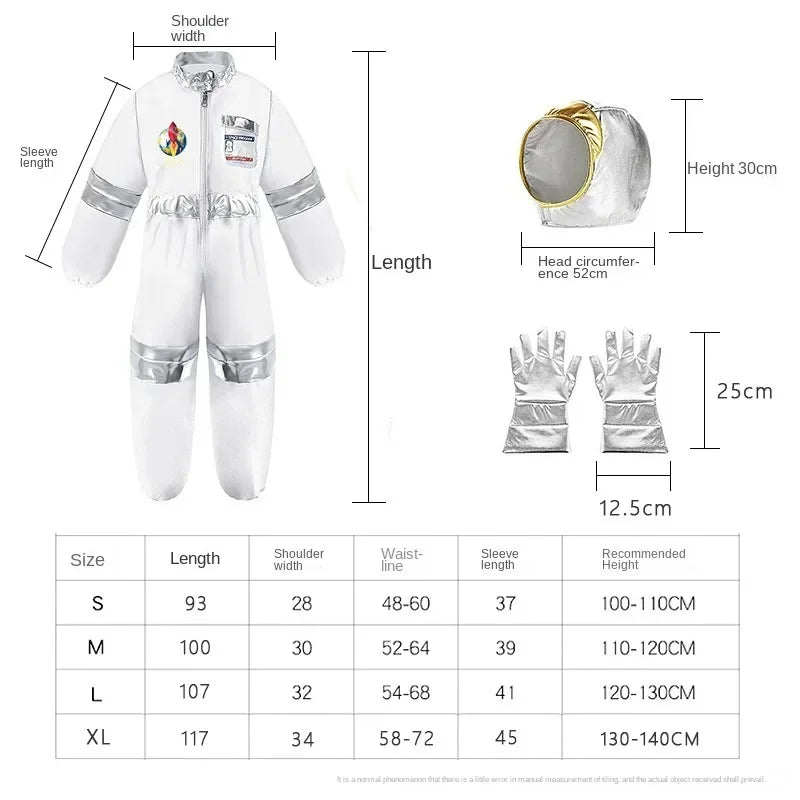 Space Explorer Costume for Kids with White Astronaut Jumpsuit, Space-Themed Patches and Metallic Trim Options for Halloween and Birthday Parties