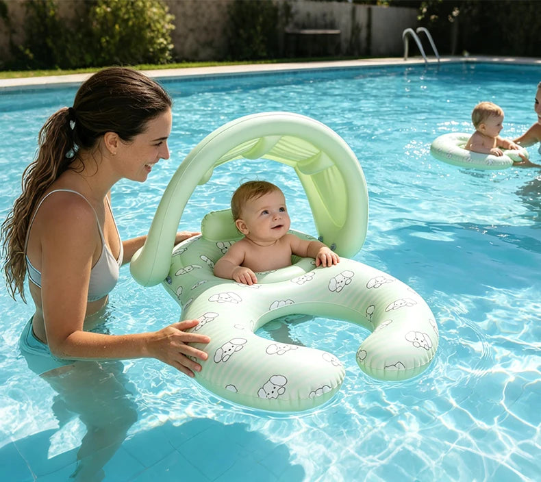 Parent-Child Double-Seat Inflatable Pool Float with Sun Canopy, Two-Seat Swim Ring for Supervised Family Water Play, WDF0752 or WDF0753