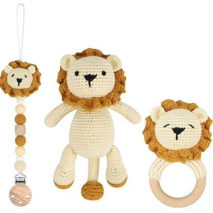 Crochet Animal Rattle Set with Wooden Ring and Coordinating Accessories, Rabbit, Deer and More Designs for Supervised Play and Baby Shower Gifts