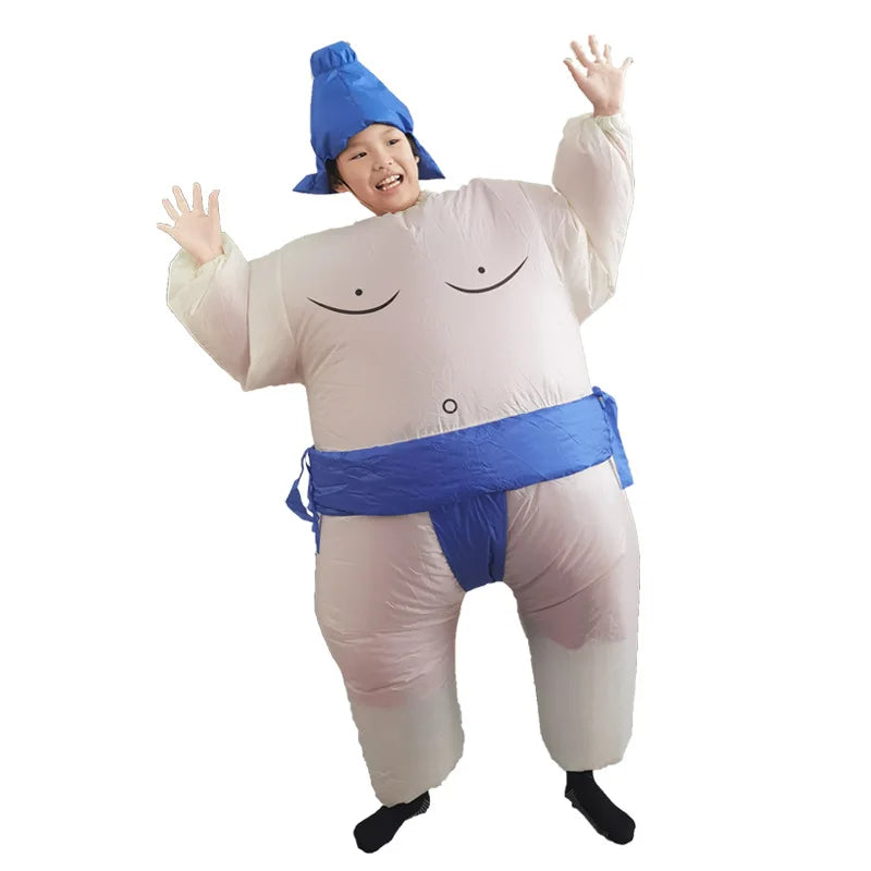 Inflatable Sumo Costume for Kids and Adults, Oversized Wrestler-Style Blow-Up Suit with Colorful Belt Design for Halloween and Cosplay Parties
