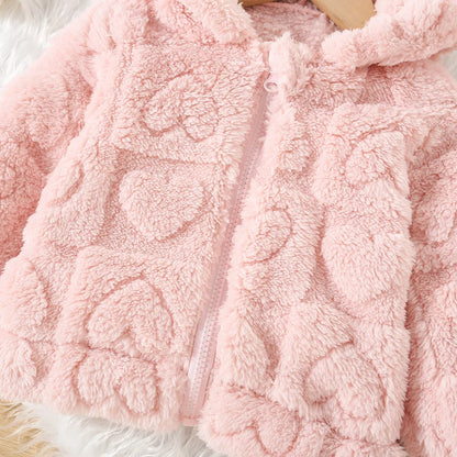 Baby Girl Fleece Zip-Up Jacket with Hood, Pink Heart or Bear Style Toddler Outerwear for Spring and Fall, Sizes 6-9M through 2-3Y