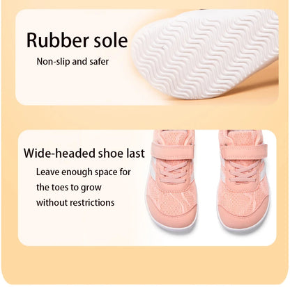 Kids Wide-Toe Mesh Sneakers with Adjustable Hook-and-Loop Strap, Contrast Side Stripes and Low-Top Casual Style in Pink, Black or Blue