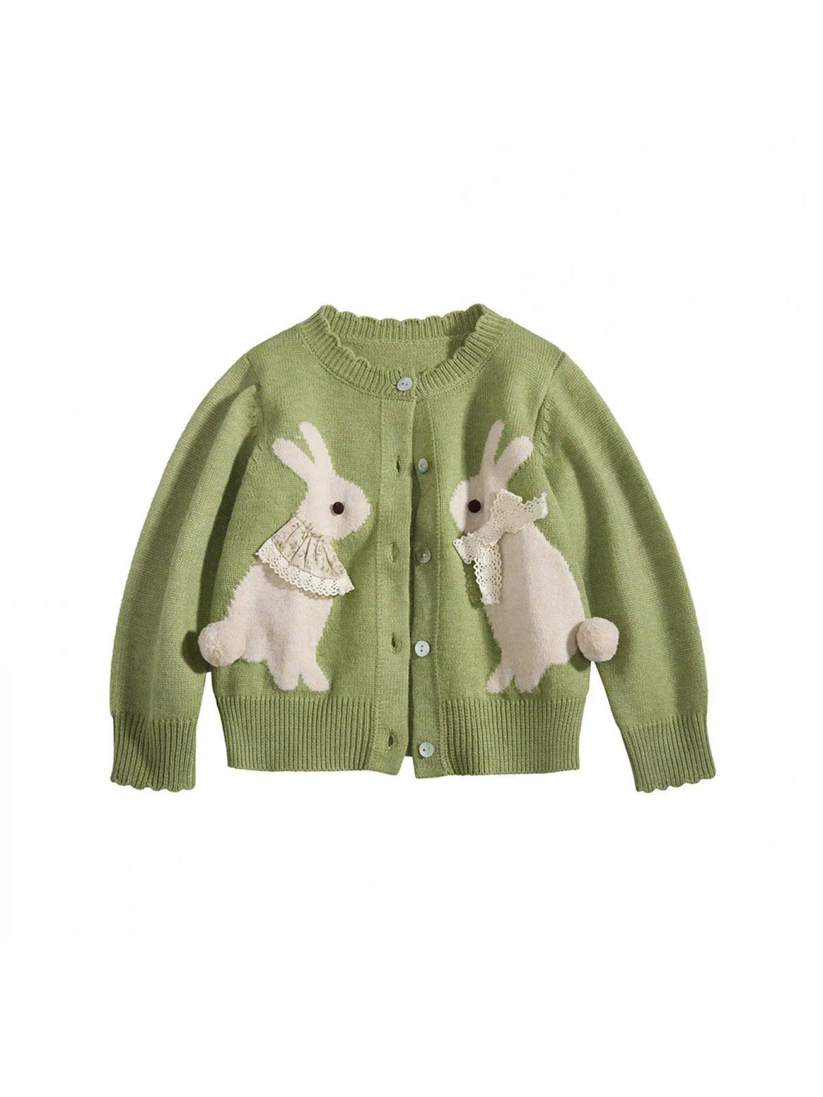 Girls Bunny Jacquard Cardigan, Green Button-Front Knit Sweater with Long Sleeves and Ribbed Cuffs and Hem for Spring Outings and Fall Layering