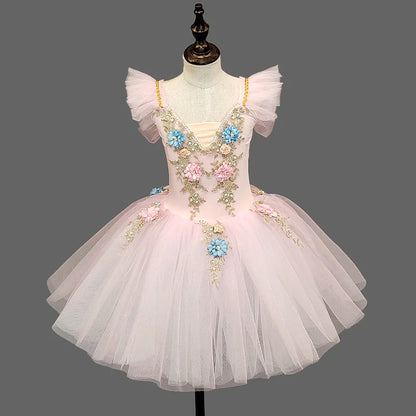 Floral Girls Ballet Tutu Dress with Ruffled Shoulders and Layered Skirt for Dance Recitals, Stage Performances and Group Costumes, Sizes 110-160