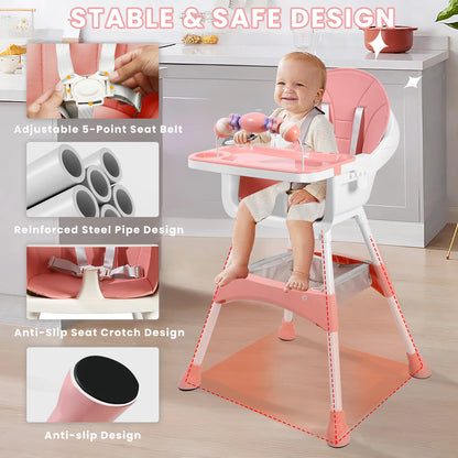Baby Dining High Chair with Removable Double-Layer Tray, Convertible Toddler Seating with Adjustable Footrest and Toy Rack for Family Mealtimes