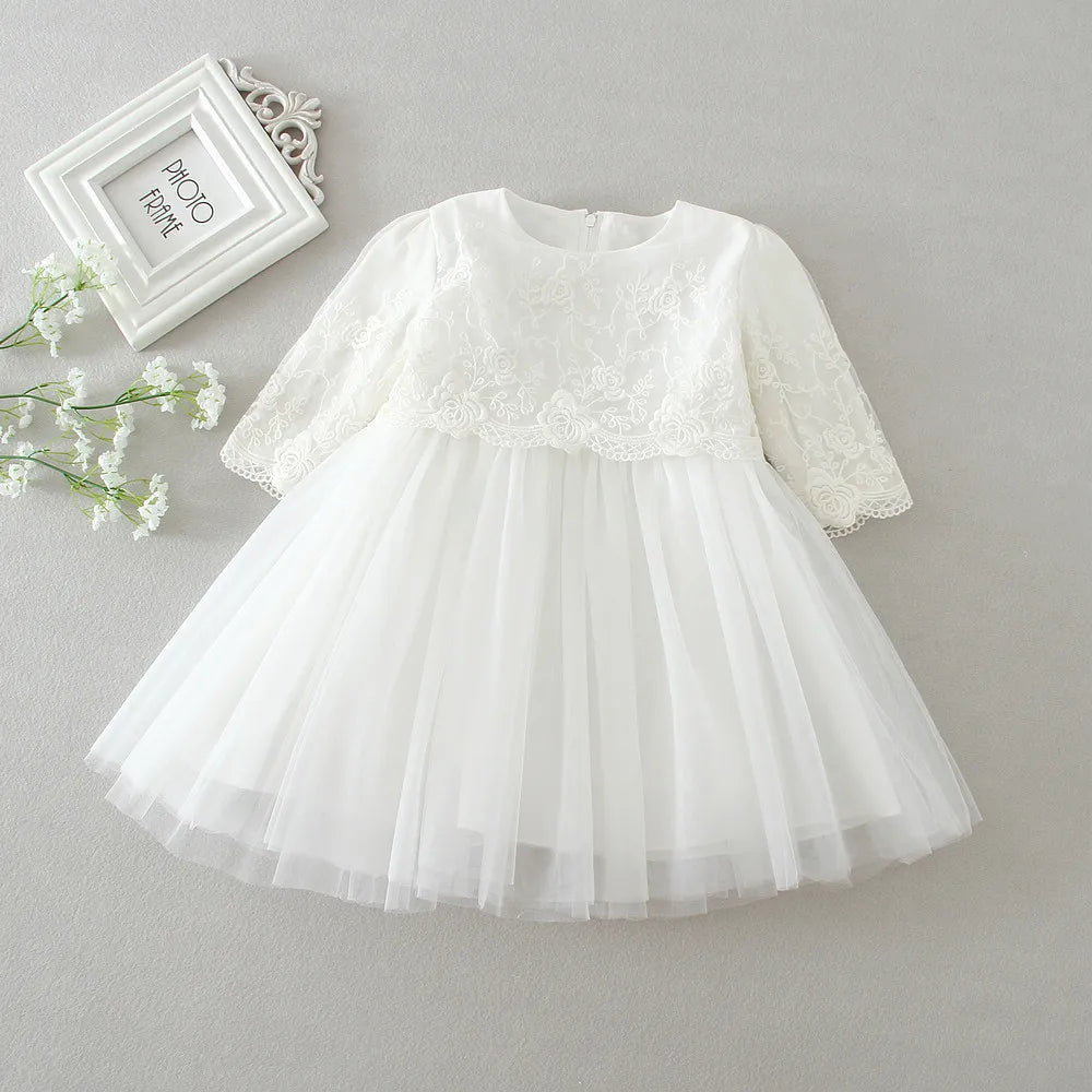 Baby Baptism Gown for Girls with Long Sleeves, Lace Details and Cotton Lining, Dress and Cap Set for Christening and First Birthday Photos