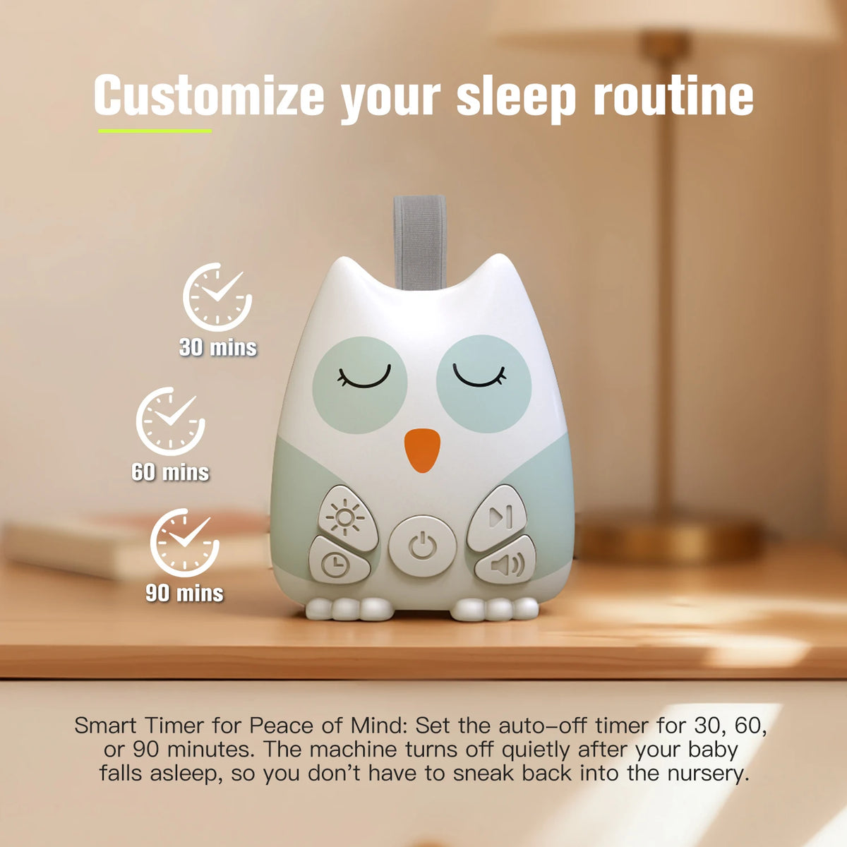 Owl Baby Sound Machine with Cry Sensor, 30 Soothing Sounds, Breathing Night Light and 30/60/90-Minute Timer, USB-C Rechargeable for Nursery & Travel