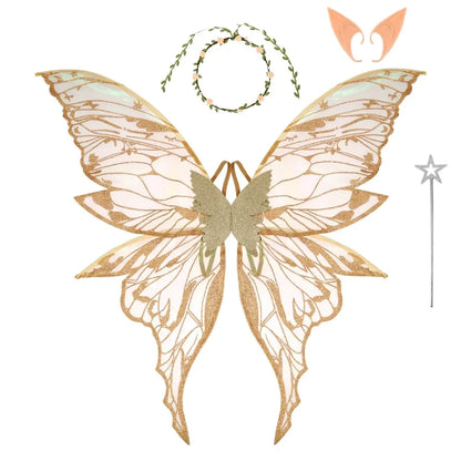 Fairy Wings Costume Set with Organza Butterfly Wings, Elf Ears, Floral Wreath and Star Wand for Halloween, Fantasy Parties and Dress-Up