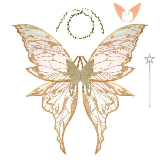 Fairy Wings Costume Set with Organza Butterfly Wings, Elf Ears, Floral Wreath and Star Wand for Halloween, Fantasy Parties and Dress-Up