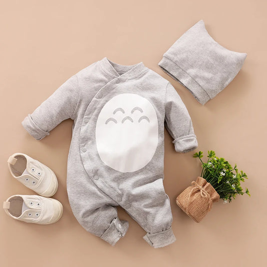 Gray Baby Romper and Hat Set with Cotton Long Sleeve Jumpsuit, Curved Snap Front and White Belly Graphic for Spring and Fall, 0-12M