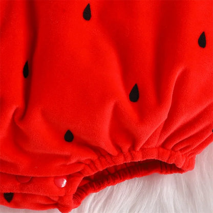 Baby Strawberry Costume with Hat, Red Fruit Romper with Green Leaf Trim for Infant Halloween Dress-Up, Berry-Themed Parties and Photo Sessions