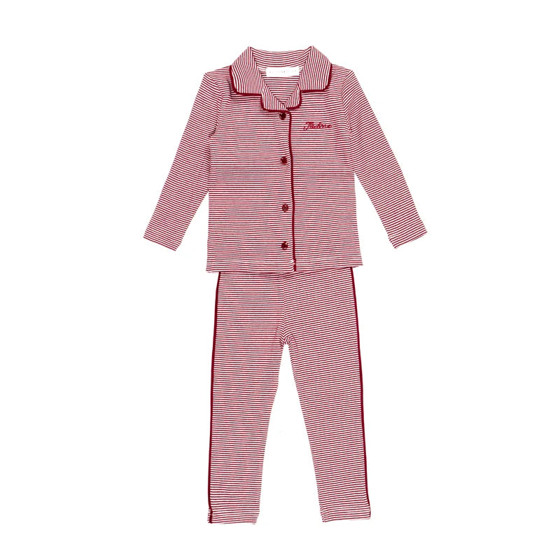 Striped Cotton Kids Matching Outfits with Collared Button Front, Blue and Red Two-Piece Styles, Baby Footie and Dress Options for Sibling Photos